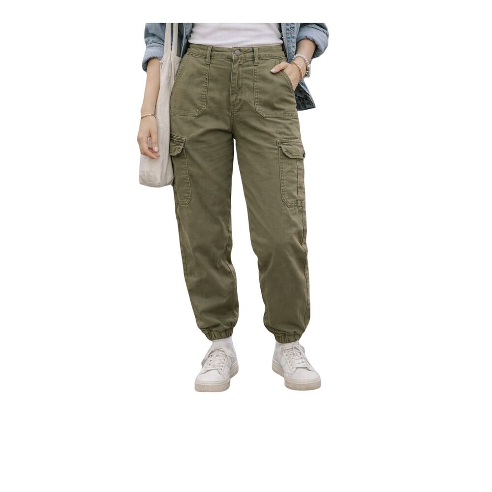 Risen Jeans Womens Size 28x27 Twill Cargo Jogger Pants Olive Green Utility Casua
